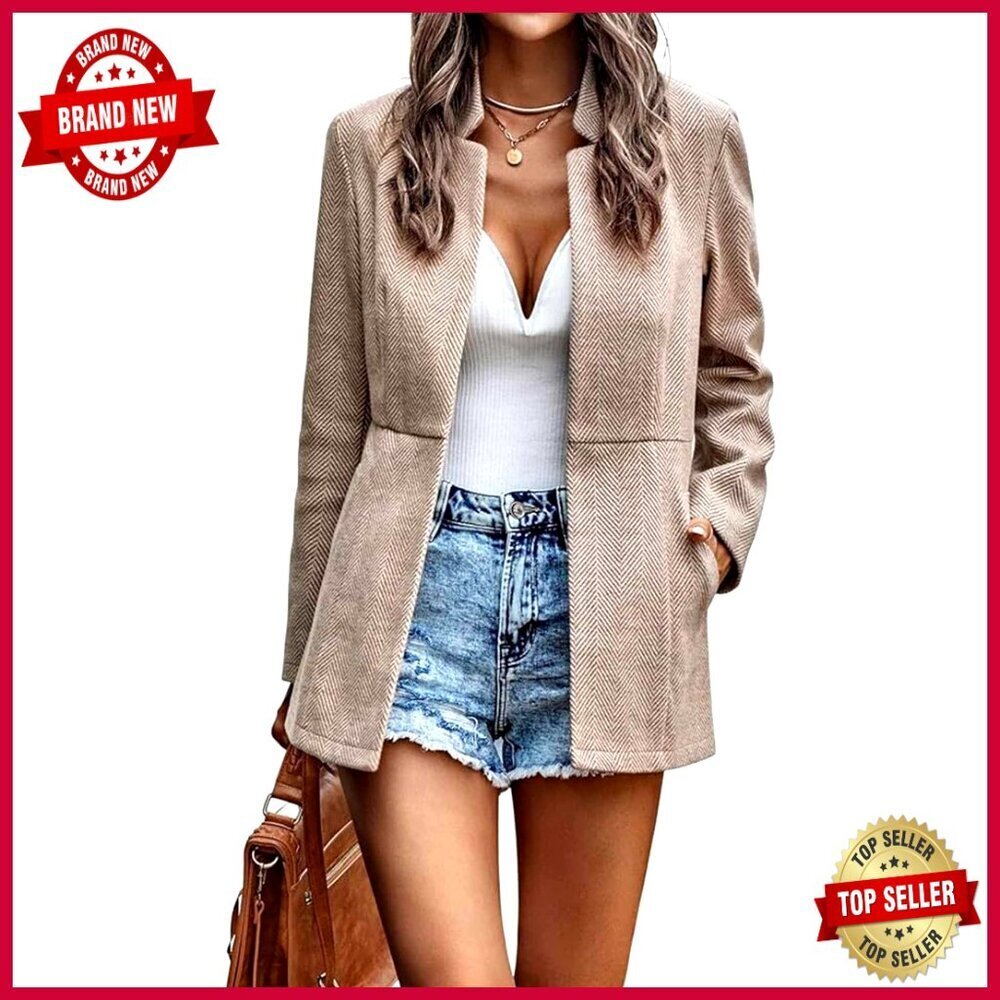Slim Fitted Wool Blend Blazer for Work Office Casual Herringbone Pattern